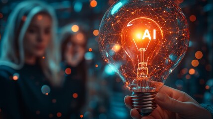 Business executive holding "AI" lightbulb, emphasizing the impact of artificial intelligence on future tech
