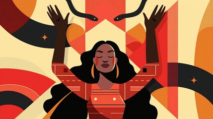 African american woman with raised arms in tribal art 2D illustration, ai generated