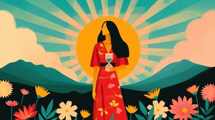 Woman with hourglass against sunburst background 2D illustration, ai generated