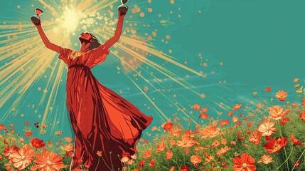 Joyful woman embracing time in flower field 2D illustration, ai generated