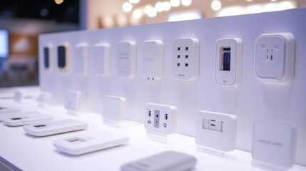 A display of various electrical outlets and chargers on a white backdrop for technology showcase.
