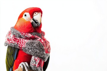 Fototapeta premium Colorful Parrot Wrapped in Cozy Scarf – Vibrant Wildlife Portrait for Winter-Themed Design