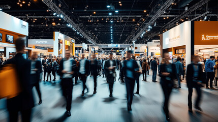 Blurred image of a bustling trade show or exhibition hall with people walking and various booth displays.