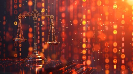 Obraz premium Justice scale with binary code strokes image copy space, ai generated