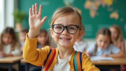 Young girl in glasses enthusiastically raises her hand in a classroom during a learning activity with peers