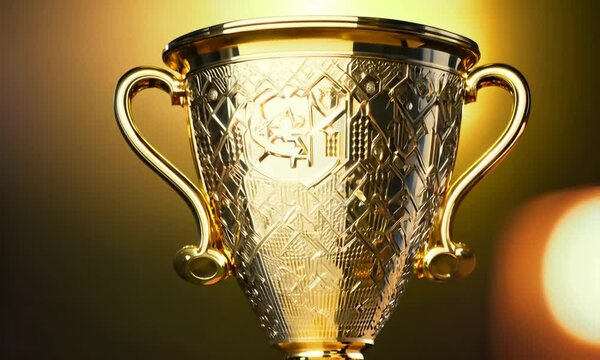 gold trophy cup, gold cup on the table