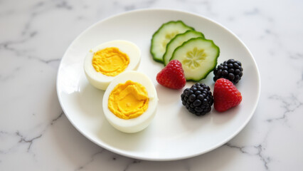 Fresh breakfast plate with hard-boiled eggs, berries, and cucumber slices.