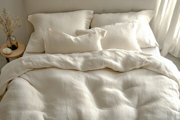 Soft white bedding neatly arranged on a comfortable bed in a serene bedroom setting