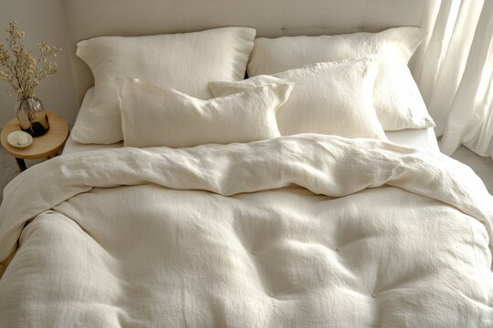 Soft white bedding neatly arranged on a comfortable bed in a serene bedroom setting