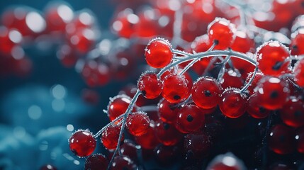   Red berry close-up, tree branch, water droplets, leaves, berries