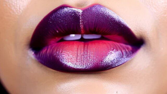Close-up of glossy, ombre lips in shades of purple and red