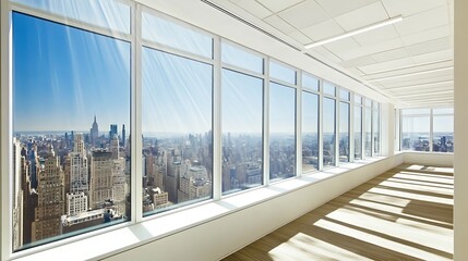 Modern Minimalistic Concrete Coworking Office room with Blank Walls, High Ceilings,and Mockup Frame