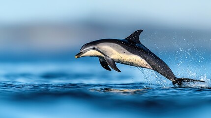 Fototapeta premium A dolphin leaps from the water, its mouth wide open and head above the surface