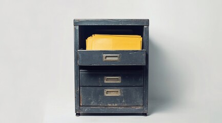 Modern metal filing cabinet with open drawers revealing bright yellow folders in an office setting
