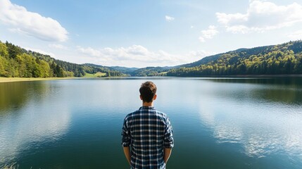 Naklejka premium Land investor standing next to a lake, considering lakeside property