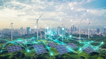A renewable energy technology scene featuring solar panels, wind turbines and a smart grid connected to a city, shows the future of sustainable energy production.