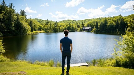 Fototapeta premium Land investor standing next to a lake, considering lakeside property