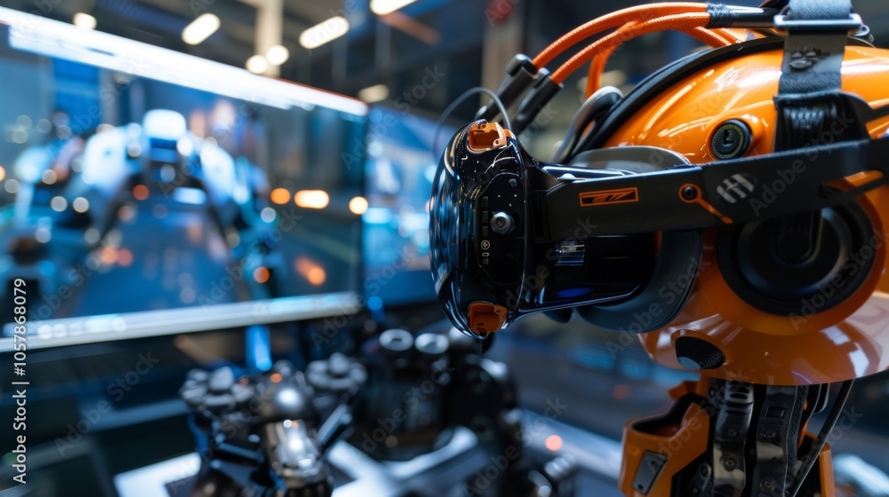 Poster orange robot in vr headset analyzing data on computer screen in high tech lab, connected to network 