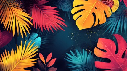 A colorful array of exotic leaves and abstract shapes, creating a vibrant summer-themed design