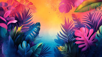 A colorful array of exotic leaves and abstract shapes, creating a vibrant summer-themed design