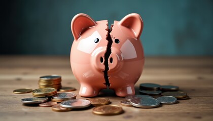 Split Piggy Bank with Coins on Wooden Table Surface