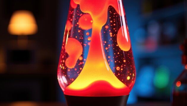 Red Lava Lamp with Glowing Wax in Dim Room - Powered by Adobe