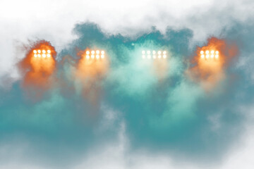 PNG Smoke and stadium lights lighting concert stage.