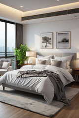 A sophisticated modern bedroom with a neutral color palette, featuring crisp white bedding accented by soft gray blankets.