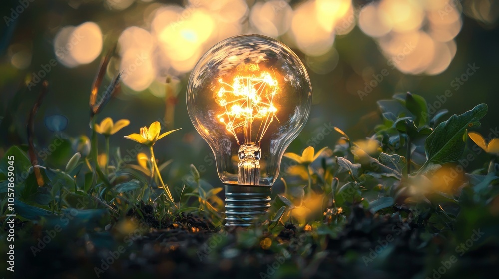 Poster light bulb glowing in nature with bokeh background