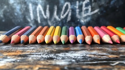 A row of colored pencils with the word "love" written on the chalkboard behind them