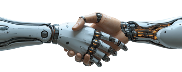 robot and android handshake transparent, on isolated,    background, PNG