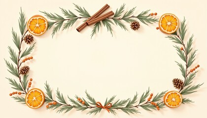 Holiday wreath with cinnamon sticks and orange slices on a light background with copy space