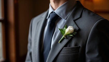 Groom's boutonniere with a white flower on the lapel of a tailored suit