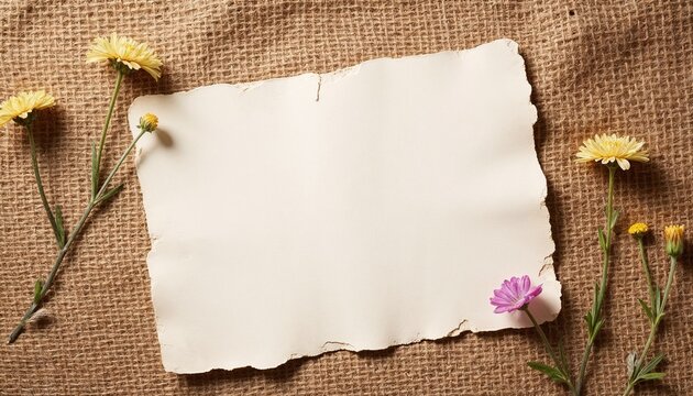 Rustic wedding invitation flat lay with a blank textured page and wildflowers on burlap
