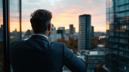 Businessman in a suit looking at a city skyline through a window during sunset, with modern skyscrapers and urban landscape in the background.