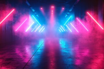 Abstract background with glowing neon arrows, blue and pink, on a shiny reflective stage