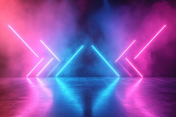 Abstract background with glowing neon arrows, blue and pink, on a shiny reflective stage