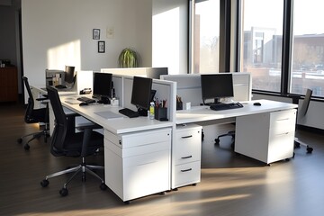 Modern Minimalistic Concrete Coworking Office room with Blank Walls, High Ceilings,and Mockup Frame