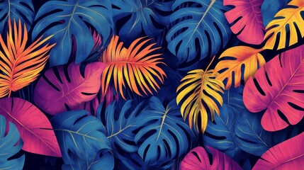 A colorful array of exotic leaves and abstract shapes, creating a vibrant summer-themed design