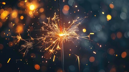 Obraz premium Beautiful sparkler burning and emitting bright sparks on dark background