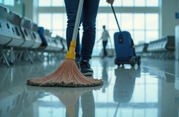 A janitor mops the smooth floor of a bright and busy airport terminal while a traveler pulls luggage in the background