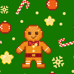 seamless pattern   pixel art  gingerbread man ,green background