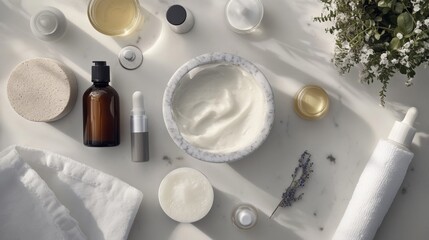 Fototapeta premium A ready-to-use, smooth, nourishing mask, displayed alongside a serum and moisturizing oil for spa-like nourishment.