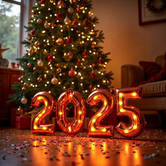 Concept photo of Happy New Year 2025 and Merry Christmas with 2025 balloons and Christmas Tree, space for text