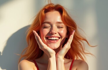 A young woman with vibrant red hair smiling joyfully while posing against a soft, neutral background in bright sunlight