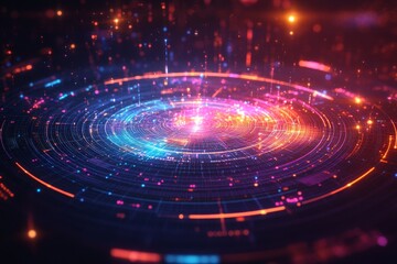 Colorful pie chart, neon effects, futuristic background, data visualization