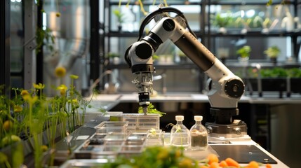Robotic arm manipulating plants in a modern lab shows advances in agriculture and automation, blending technology and nature
