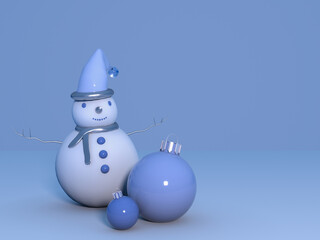 3D blue winter background New year event theme. Festive scene for product display mock up banner with funny snowman and Christmas balls, copy space