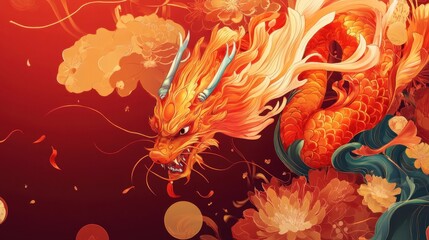 Fiery Dragon Amidst Vibrant Floral Splendor