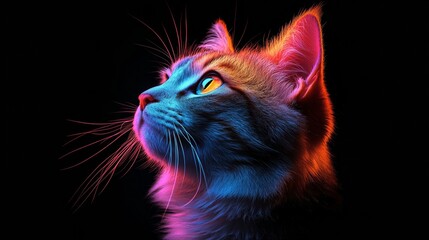Colorful cat portrait with neon lighting effect